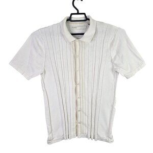 Mens Vintage Perry Ellis Ivory Pleated Polo Shirt Button Up Short Sleeve Size L